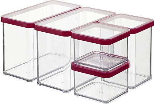 Rotho Loft 5er-Set Vorratsdosen mit Deckel verschiedene Größen, lebensmittelechter Kunststoff (PP) BPA-frei, 2 x 2.1l, 1 x 1.0l, 2 x 0.5l (30.0 x 21.0 x 15.0 cm) (transparent/rot)