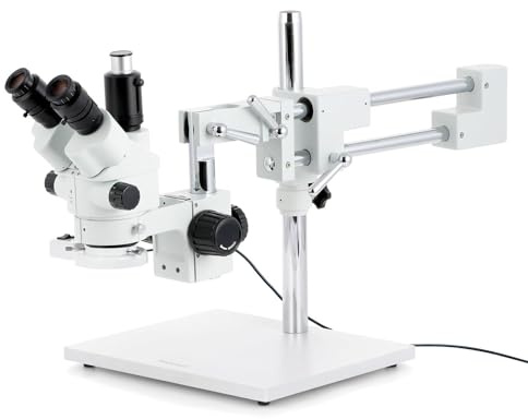 AmScope SM-4NTP-FRL Simul-Fokales Stereo Zoom Mikroskop auf Doppelarm-Auslegerständer mit Fluoreszierendem Licht, 7X-45X, Weiß