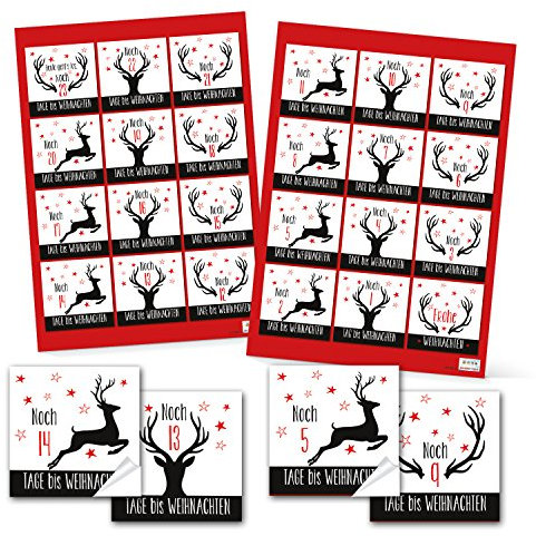 Logbuch-Verlag 1-24 Adventskalender Zahlen Aufkleber schwarz-weiß rot quadratisch Hirsch Erwachsene basteln Nummern-Sticker 6 cm