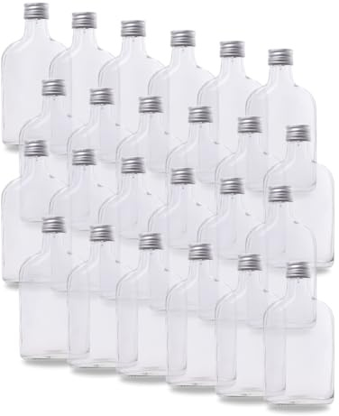 Flachmann Set: 24 kleine Glasflaschen 200ml – Der Klassische Flachmann Glas als Glasflasche Schraubverschluss (28 mm, Silber), ideal als Schnapsflaschen 200ml und Likörflaschen 200ml (24)