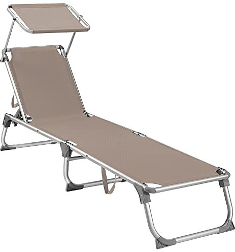 SONGMICS Sonnenliege, klappbarer Liegestuhl, 193 x 55 x 31 cm, max. Belastbarkeit 150 kg, mit Sonnenschutz, verstellbare Rückenlehne, für Terrasse Pool Garten, taupe GCB19BR