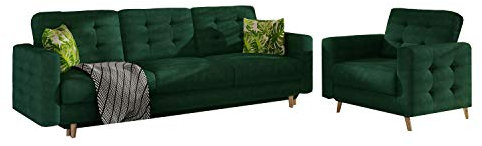 MOEBLO Couchgarnitur aus Samt 3+1 Sofa 3-Sitzer + Sessel Sofa Garnitur Stoff Glamour Wohnlandschaft - Aslan (Dunkelgrün (Kronos 19+Jungle 32))