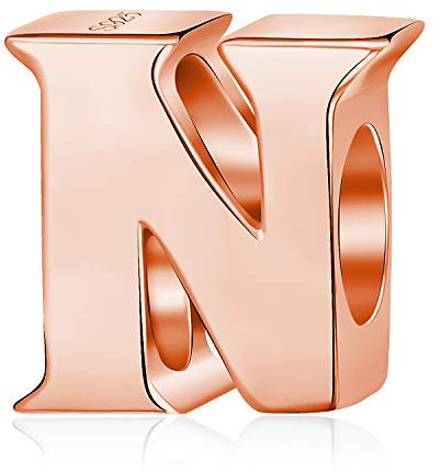 Alphabet Charms Letter Initial A-Z Genuine 925 Sterling Silver Beads fits Pandora Charms Bracelet (Rose Gold Letter N)