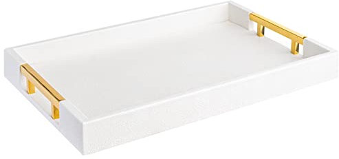 Moderner, eleganter Shagreen-Couchtisch, 45.7x30.5 cm, rechteckig, weiß, glänzend, Serviertablett mit goldfarbenen polierten Metallgriffen von Home, neu definiert für alle Anlässe