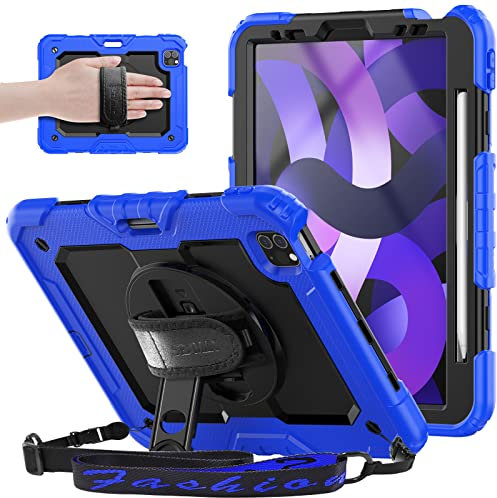 SEYMAC Coque pour iPad Air 5 2022/ iPad Air 4 2020 10,9 Pouces, Coque iPad Air 5, Coque Antichoc Robuste avec Protecteur d'Ecran, Support Rotatif 360 Degrés/Dragonne, Porte-Crayon, Bandoulière, Bleu