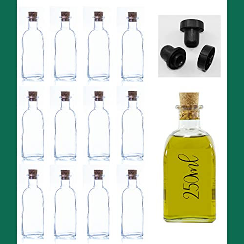 Botellas vacías de 250 ml Botella de Vino Botella de Licor Botella de Aceite Botella de vinagre de Cristal, 0,25 litros, Botella Corcho (12 Unidades)