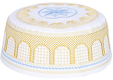 Hapivida Kufi Hut, Handgefertigte Gelbe Stickerei Beanie Mütze für Herren aus Baumwolle, Leicht und Atmungsaktiv, Größe wählbar für Ramadan und Eid, Ideal für Gebete und Festliche Anlässe