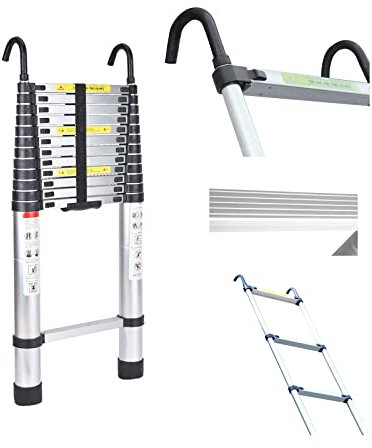5m Mehrzweckleiter Teleskopleiter mit Abnehmbarem Haken Hochwertiges Aluminium Ausziehbare Klappleiter Anti-Rutsch für Hochklettern/Büro/Loft Haushaltsleiter 150kg Belastbarkeit