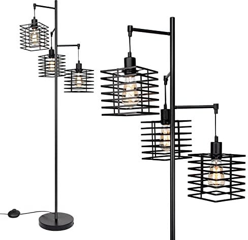 FIRVRE Schwarz Diamond Stehlampe 3 Licht Retro Industrial Platz Käfig Lampenschirm Standleuchte E27 Vintage Design Metall Stehlampen für Wohnzimmer Schlafzimmer Sofa Ecke Büro