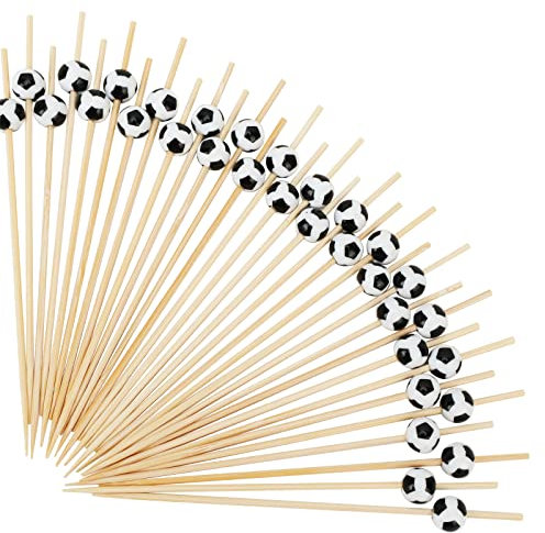 100PCS Palillos para Cócteles con Decoración de Fútbol, Palillos de Bambú Natural, Palillos Decorativos para Aperitivos Cóctel Sándwich Frutas Barbacoa Bocadillos, Fiesta de Aficionados al Deporte