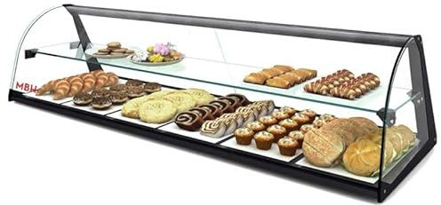 MBH - Vitrine à Poser Professionnelle Neutre 84 cm sans eclairage LED pour Restaurant, pâtisserie et Boulangerie. Présentoir incurvé vitrée sur comptoir 2 étagères pour pâtisseries et viennoiseries.