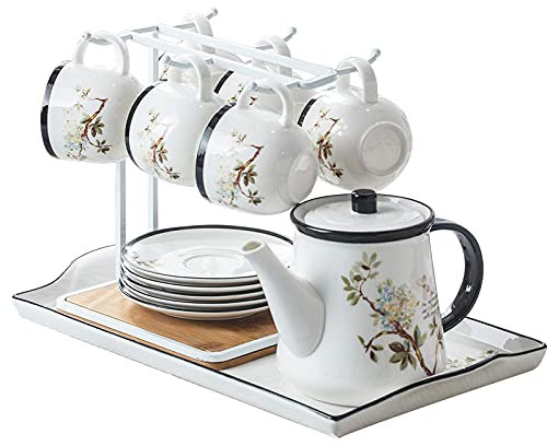 Servizio da tè pomeridiano in Stile Court con teiera British Royal Coffee Cup And Saucer Set di 6 Tazze da caffè e piattini in Ceramica con Display portabicchieri Bianco