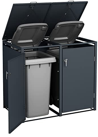 DWD Garden Double Wheelie Bin Hideaway 120L / 240L Waste Bin,Storage Shed w/Locking Doors Assisted lift up Lid easy use Outdoor Hygienic Dustbin Unit Trash Cover Powdercoated Steel Matt Grey RAL7016