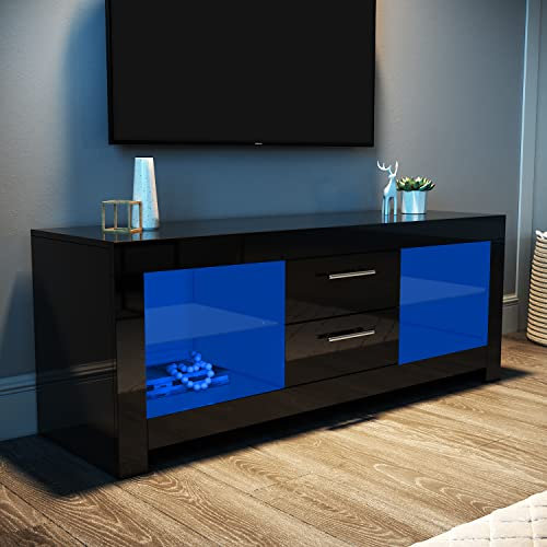 ELEGANT LED TV Unit 130cm High Gloss Modern TV Stand Cabinet with Ambient Lights for 32 40 43 50 52 inch 4k TV Living Room and Bedroom Furniture with Storage, Black