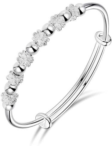 Aster 925 Sterling Silver Bead Spinner Bangle Bracelet Adjustable, Fidget Bracelet Anxiety Relief Bracelet Jewelry Gift for Women Girls Ladies Birthday Valentine Graduation Gift, 6.2 cm