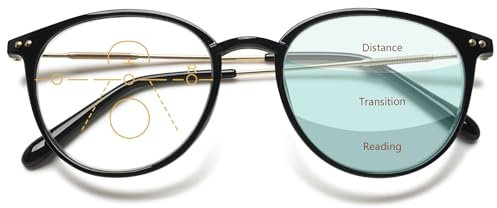 Lanomi Progressive Multifokale Lesebrille Blaulichtfilter Damen Herren Rund Gleitsichtbrille Lesehilfe Sehhilfe UV400 Schutz Brille mit Stärke Schwarz Gleitsichtbrille 2.0