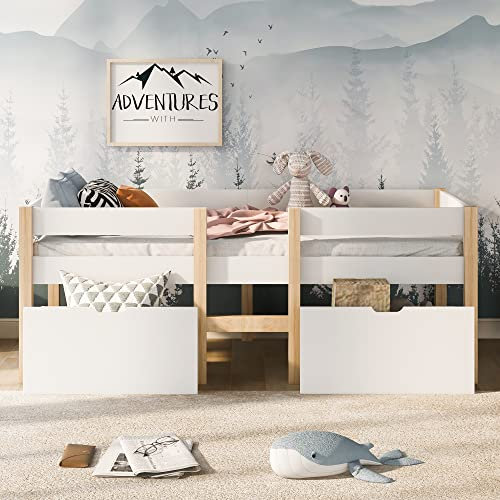 Merax Kinderbett mit Rausfallschutz, Babybett für Jungen & Mädchen, Stabil Massivholz & Holz-Platte Beistellbett mit Lattenrost (Weiß, mit Schublade, 90x200 cm)