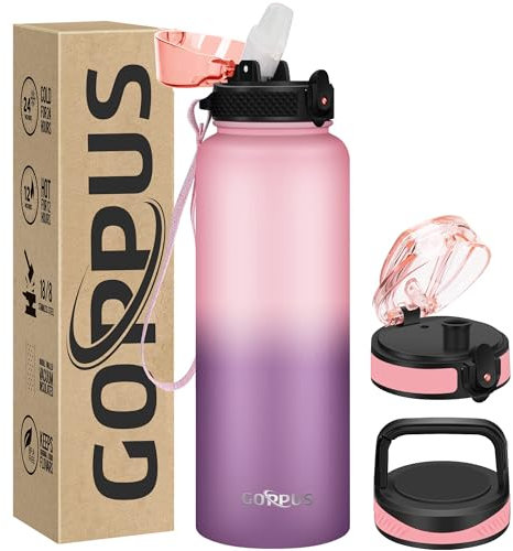 GOPPUS 1.2L/40oz Stainless Water Bottle with Straw Double Wall Insulated Bottles with Strap Large Vacuum Thermal Flask Leakproof Keep Cold Drinks Bottles with Flip Top Lid for Men Women BPA Free