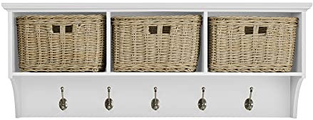 Wall Mounted Coat Rack Hanging Shelf with 5 Hooks and 3 Storage Baskets | White Coat Hanger for Entyryway Hallway Tetbury Furniture