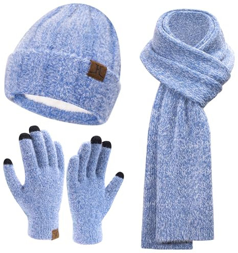 Damen Winter Warm Beanie Mütze Touchscreen Handschuhe und Lang Schal Set mit Fleece Gefütterte, Thermo Wintermütze Strickmütze Schals Winterhandschuhe Strickhandschuhe Frauen Geschenk, Blau