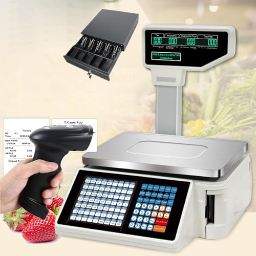 ExoticaBlend Waagen zum Drucken von Etiketten, Digitale Barcode-Waagen – Dual-Display Hinten vorne – 63 Tastenkombinationen für das Wiegen im Supermarkt/Einzelhandel/Lager,Machine+Scanner+Cashbox