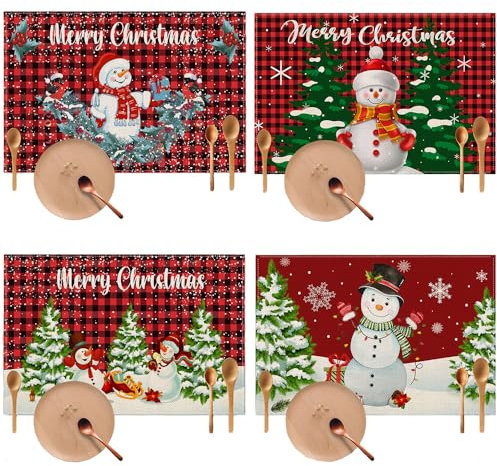 JAHEMU Tischset Weihnachts Platzsets Schneemann Wasserdicht rutschfest Platzset Untersetzer Rechteckig für Weihnachtstisch Dekoration