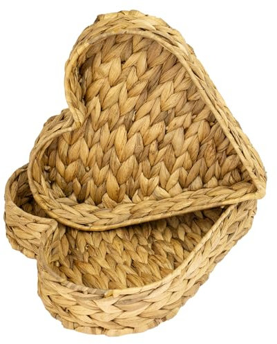 HMF Decorative Tray (Set of 2, Heart-Shaped) in Water Hyacinth Natural, BASKET, tray, 29 x 28 x 6 cm (large), 26 x 25 x 5 cm (small), 0.3 kg (large), 0.25 kg (small)