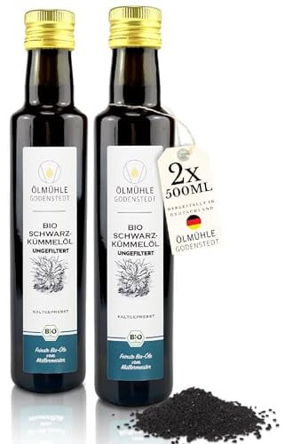 Bio Schwarzkümmelöl, ungefiltert (2x500ml) - 1. Kaltpressung, täglich frisch gepresst, hoher Thymochinon Gehalt, ägyptische Nigella Sativa Saat, Müller Handwerk