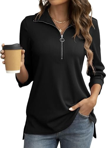 Cuptacc Poloshirt Damen 3/4 Ärme Half Zip Tops Hemdbluse Loose Bluse Casual Tunika Herbst Schwarz XL 46-48