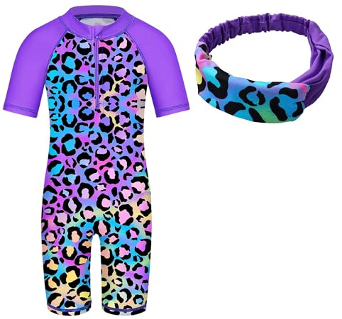 HUAANIUE Girls Swimwear Shorts Kids Pink One Piece Swimsuit Long Children Swimming Costume 4-12Y Black Sunsuit with Headband（PurpleLeopard,12A）