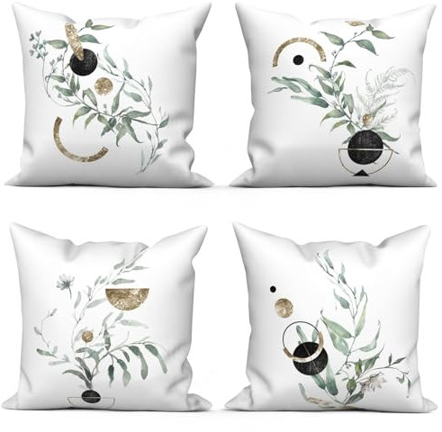 Uiiooazy Kissenbezug Eukalyptus, Kissenbezüge Grün Blätter Schwarz Gold Geometrisches Muster Kissenhülle Samt Dekorative Zierkissenbezug für Sofa Schlafzimmer Wohnzimmer Zuhause, 4er Set, 80Bx80Hcm