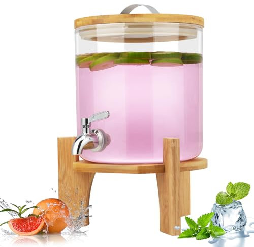 Distributeur de Boissons, Hiziwimi 5L Distributeur de Boissons en Verre, Distributeur d'eau avec Support et Base, pour la Distribution de Boissons Froides ou Chaudes, pour les fêtes et les BBQ