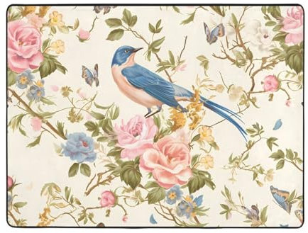 YYHWHJDE Teppich, romantisch, ausgefallene Blume, Vögel, Schmetterlinge, 160 x 122 cm, weich, feiner Samt, verschleißfest