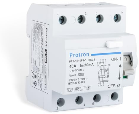Protron FI Fehlerstromschutzschalter FI Typ B Allstromsensitiv 4P, RCCB RCD für PV Anlage Wallbox E-Auto (40A-30mA)