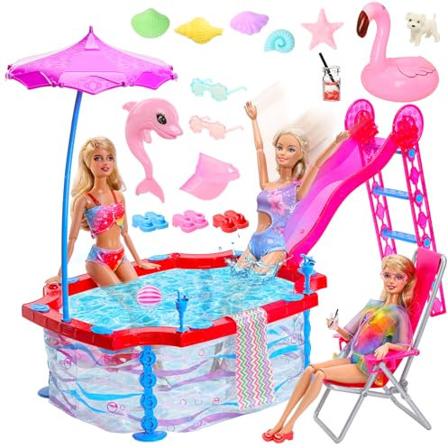 Miunana 23 Accesorios para Muñecas De 30 cm 11,5 Pulgadas: 3 Trajes De Baño + 1 Vestido De Sirena + 3 Pares De Zapatos + Piscina + 15 Accesorios De Verano