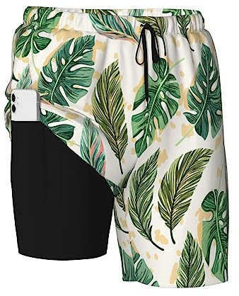 PAQGSREM Costume da bagno da uomo con foglie di palma tropicali luminose con fodera a compressione, ad asciugatura rapida, pantaloncini da spiaggia, Foglie di palma tropic, XXL