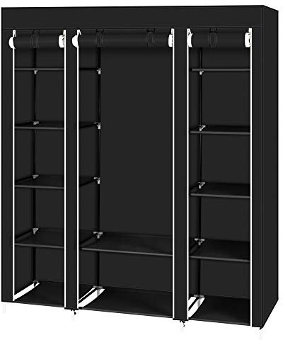 Bonnlo Kleiderschrank, 150 x 45 x 175 cm, Stoffschrank mit Kleiderstange und Ablagen Stabil, Stoffkleiderschrank für Schlafzimmer, viel Platz, Faltschrank, Schwarz