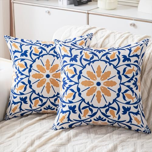 HomeStilez 2er Set Dekorativ Kissenbezug Gelb und Blau Boho 45 x 45 cm Boho Ethno Blumen Dekokissen Sofakissen Kissenhülle Moderne Leinen Quadratische Dekokissen Bezüge für Sofa Bett Wohnzimmer
