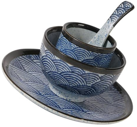 GREENADSCAPE 1ensemble Vaisselle Céramique Japonaise Assiettes Bols Tasses Et Cuillères Avec Design Ondulé Pour Sushi Et Repas Maison