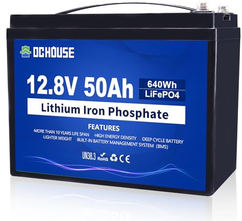Batterie DCHOUSE 12V 50Ah lithium LiFePO4, BMS intégré, durée de vie de 10 ans, plus de 4000cycles, parfaite pour bateau, marine, moteur de pêche à la traîne, camping, énergie éolienne solaire