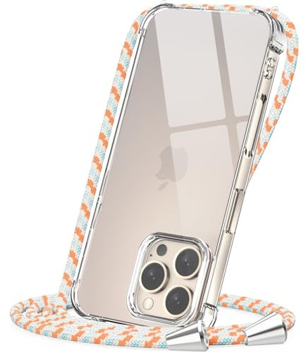 CAROKI Crossbody Case for iPhone 16 Pro,Necklace Mobile Phone Cover with Cord Strap Clear Transparent TPU Soft iPhone 16 Pro Cover Holder with Neck Cord Lanyard Strap-Orange Blue