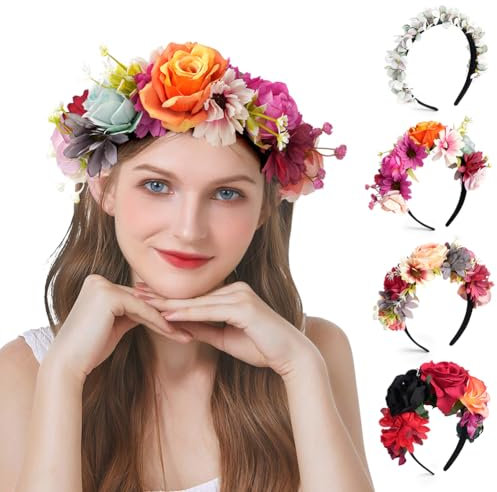 LOPHE Diadema Flores Mujer, Diadema Corona Flores, Flores Diadema Tiara, Corona de Flores Mexicanas, Diadema Floral Colores Fiesta, para Foto Fiesta Carnaval Boda Disfraz Halloween Navidad, A