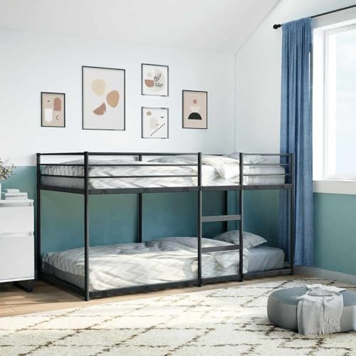 IKAYAA Cama Metálica 90 x 200 cm para Niños con Escalera y Protección Anticaídas, Negro