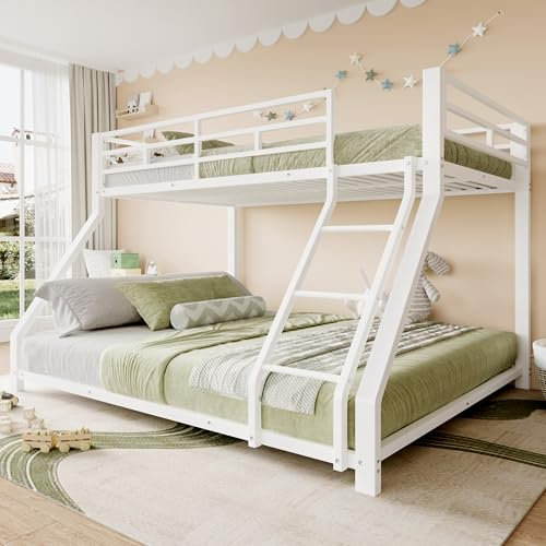 Etagenbett Kinderbett 90x200&140x200 cm, Hochbett Metallbett für 3 Kinder, Doppelbett Stockbett mit Leiter, Rausfallschutz und Lattenrost, Bettgestell Familienbett Jugendbett, Ohne Matratze, Weiß