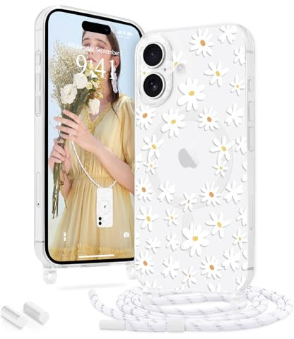 Ethanger Handyband für iPhone 16 Hülle mit Band [Kompatibel mit MagSafe] Transparent Blumen Muster Magnetische Handyhülle Silikon Schutzhülle zum Umhängen Kordel für iPhone 16 Weiß