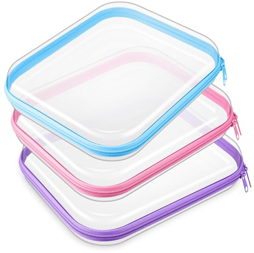 Hoolerry 3 Pcs Clear Hard Zipper Case Plastic Pouch Transparent Hard Case Clear Makeup Bag Portable Travel Organizer Bin for Cosmetics, Building Blocks, Puzzles (Multicolor,M)
