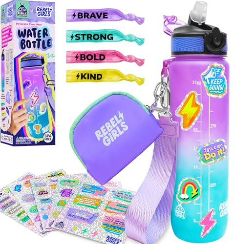 Rebel Girls Decorate Your Own Water Bottles Girl Craft Kit – Water Bottle for Kids with Motivational Stickers & More, Birthday Gift for 7 Year Old Kid, Most Popular Arts & Crafts for Ages 6 8 9 10