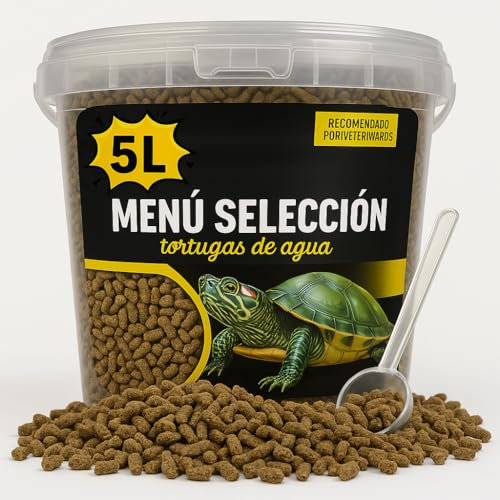 AF® - 5 L Comida Tortugas de Agua, 1100 gr Comida Tortuga | Menú Selección con Ingredientes Naturales + Vitaminas Esenciales + Ebook + Vaso medidor | Pienso Tortugas de Tierra