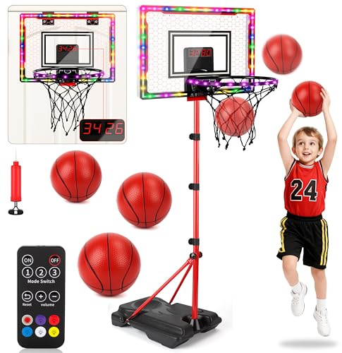 Basketballkorb Kinder, Basketballbrett Hängende mit Fernbedienung, Elektronischer Anzeigetafel mit LED Lichter Soundeffekten, Indoor Outdoor Spielzeug, Geschenke für Jungen Mädchen ab 3 Jahren