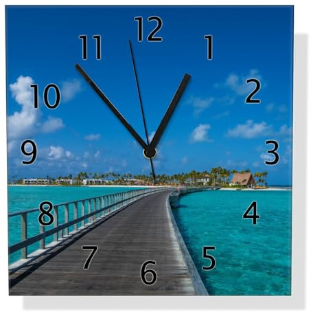 Wallario Design-Wanduhr Türkisfarbene Lagune aus Glas, Motiv-Uhr Größe 30 x 30 cm, Schwarze Zeiger